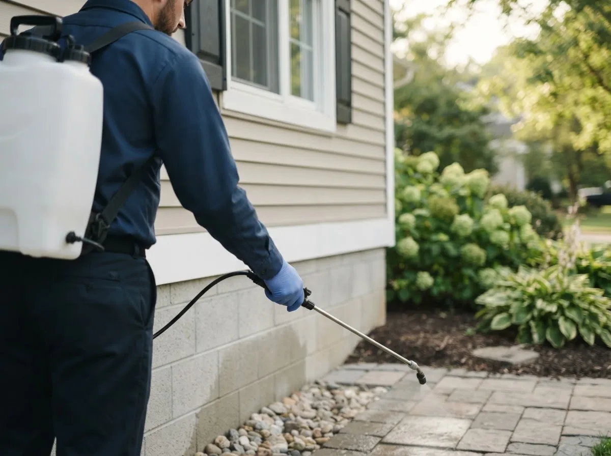 Pest control technician inspecting a home in Moran, TX